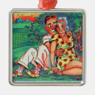 Cartoon Couple with Tennis Gear Metal Tree Decoration