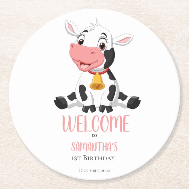 Cartoon Cow Baby birthday party  Round Paper Coaster (Front)