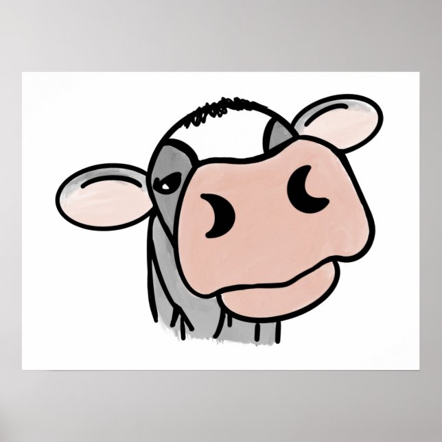 cartoon cow black white pink kiss gray farm animal poster (Front)