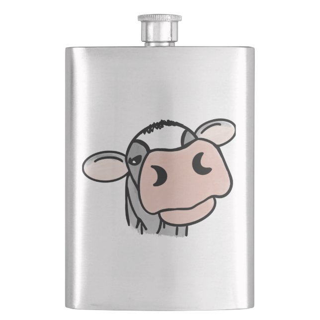 cartoon cow black white pink kiss grey farm animal hip flask (Front)
