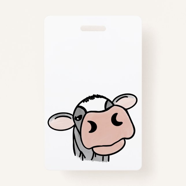cartoon cow black white pink kiss grey farm animal ID badge (Front)