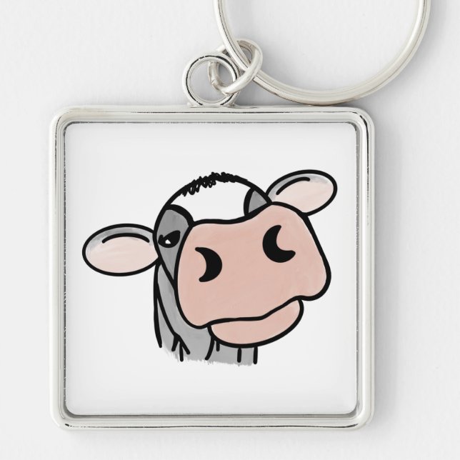 cartoon cow black white pink kiss grey farm animal key ring (Front)