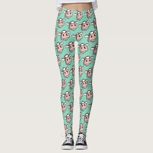 cartoon cow black white pink kiss grey farm animal leggings (Front)