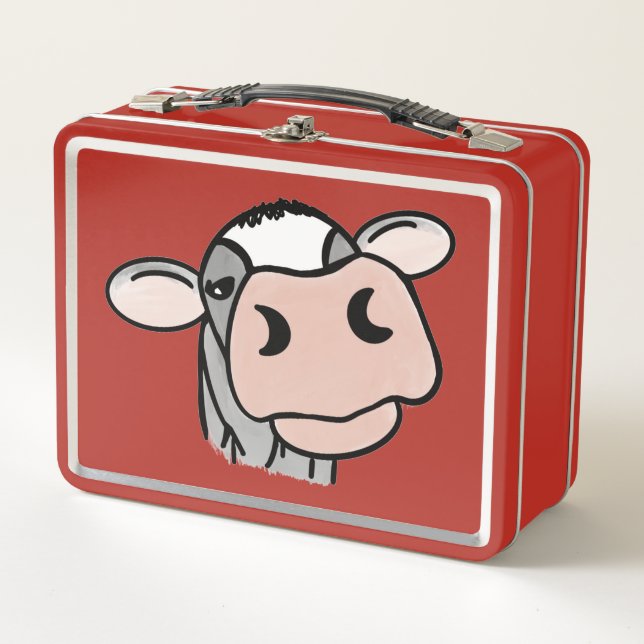 cartoon cow black white pink kiss grey farm animal metal lunch box (Front)