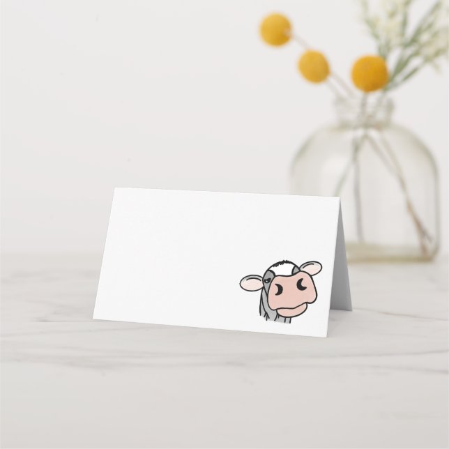 cartoon cow black white pink kiss grey farm animal place card (Front)