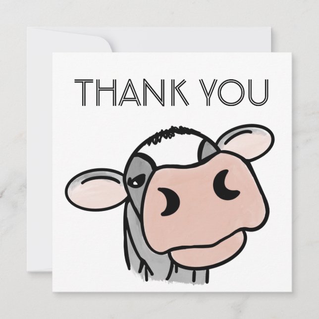 cartoon cow black white pink kiss grey farm animal thank you card (Front)
