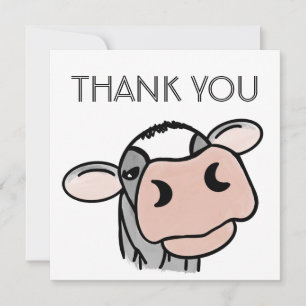 cartoon cow black white pink kiss grey farm animal thank you card