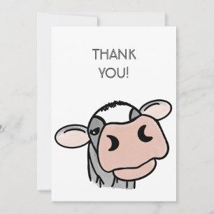 cartoon cow black white pink kiss grey farm animal thank you card