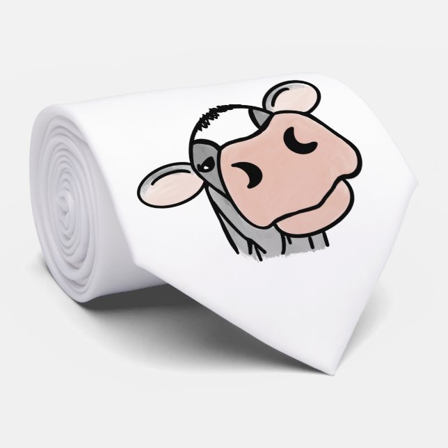 cartoon cow black white pink kiss grey farm animal tie (Rolled)