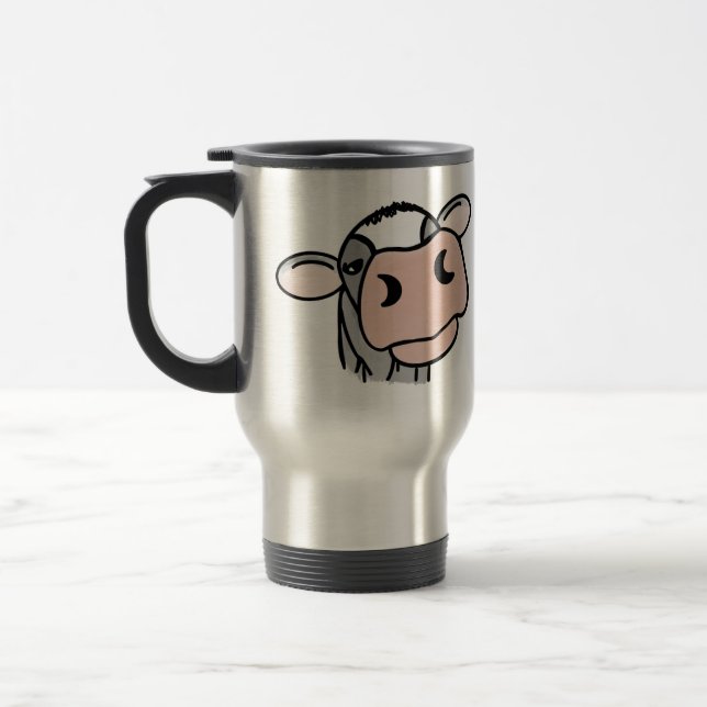 cartoon cow black white pink kiss grey farm animal travel mug (Left)