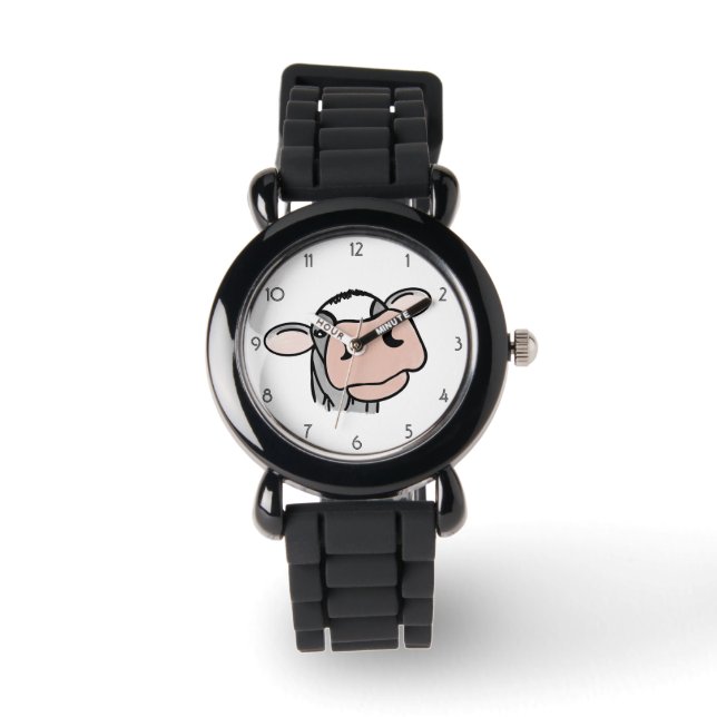 cartoon cow black white pink kiss grey farm animal watch (Front)