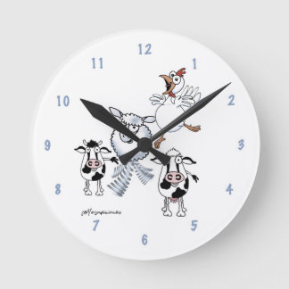 Cartoon cow, bull, sheep and chicken on a clock