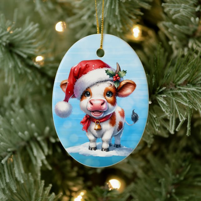 Cartoon Cow in Santa Hat Personalised Christmas Ceramic Tree Decoration (Tree)