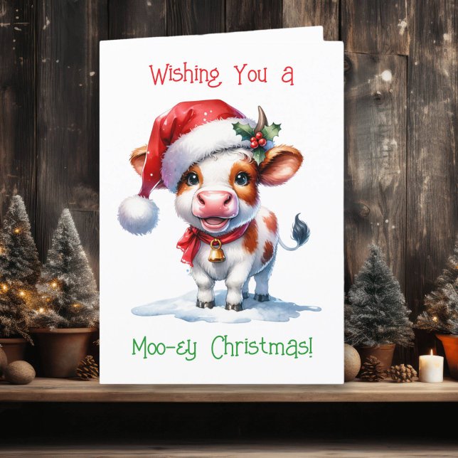 Cartoon Cow in Santa Hat Personalised Christmas Holiday Card (Creator Uploaded)
