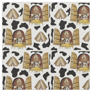 Cartoon Cow in the Window Design Fabric