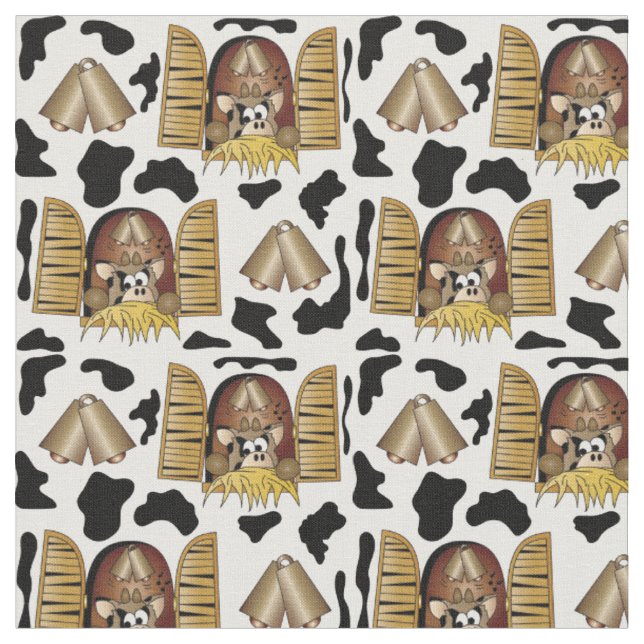 Cartoon Cow in the Window Design Fabric (Close Up)