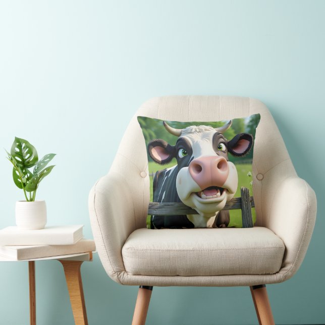 Cartoon Cow Peering Over a Fence Cushion (Chair)