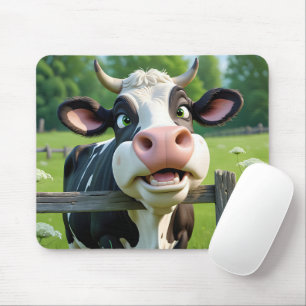 Cartoon Cow Peering Over a Fence Mouse Mat