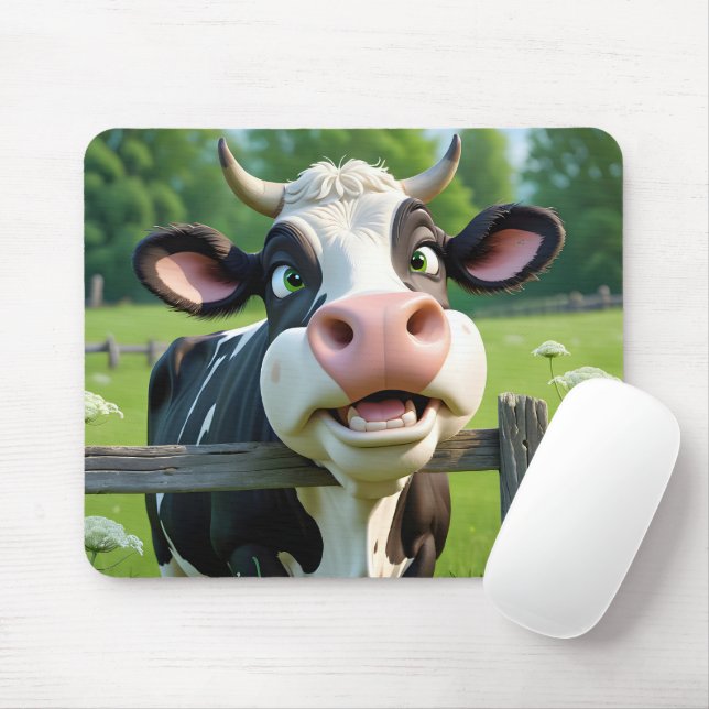 Cartoon Cow Peering Over a Fence Mouse Mat (With Mouse)
