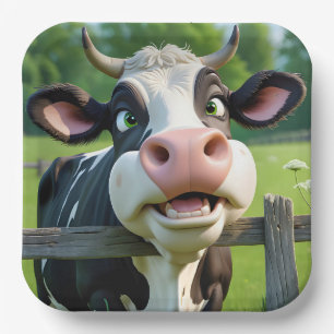 Cartoon Cow Peering Over a Fence Paper Plate