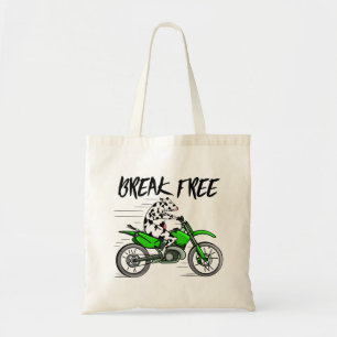 Cartoon cow riding a motorbike tote bag