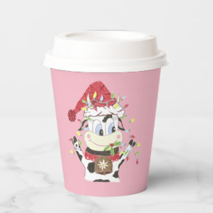 Cartoon Cow Tangled in Christmas Lights Paper Cups