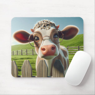Cartoon Cow With Eyeglasses Mouse Mat
