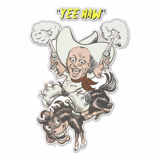 Cartoon cowboy shooting pistols riding horse art   (Front)