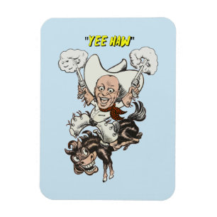 Cartoon cowboy shooting pistols riding horse art magnet