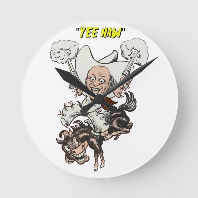 Cartoon cowboy shooting pistols riding horse art   round clock (Front)