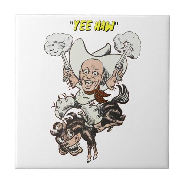 Cartoon cowboy shooting pistols riding horse art   tile (Front)