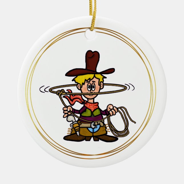 Cartoon Cowboy with Rope Ornament (Front)
