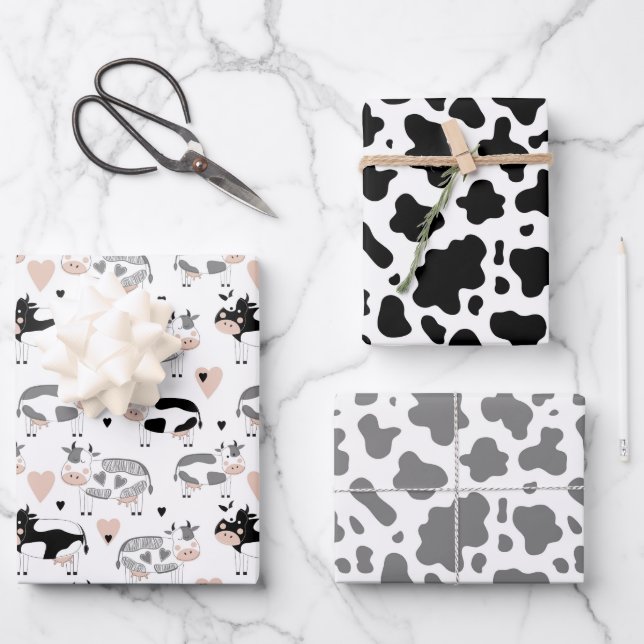 Cartoon Cows and Cow Print Wrapping Paper Sheet (Front)