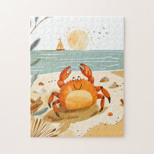 Cartoon Crab on Beach with Boat in background Jigsaw Puzzle