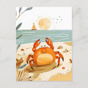 Cartoon Crab on Beach with Boat in background Postcard