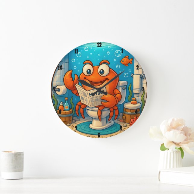 Cartoon Crab Reading in Underwater-themed Bathroom Large Clock (Home)