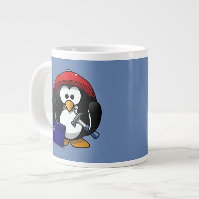 Cartoon Craftsman Penguin with Blue Background Large Coffee Mug (Front Left)