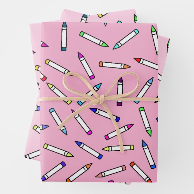 Cartoon Crayon Pattern Pink Wrapping Paper Sheet (In situ)