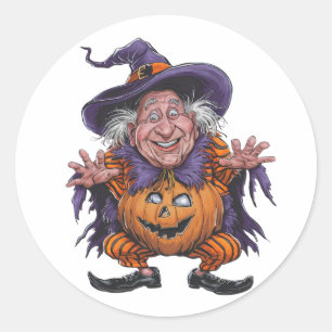 Cartoon Crazy Grandpa and Halloween Classic Round Sticker