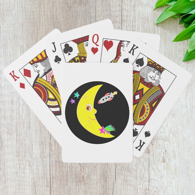 Cartoon Crescent Moon and Space Rocket Playing Cards (Creator Uploaded)