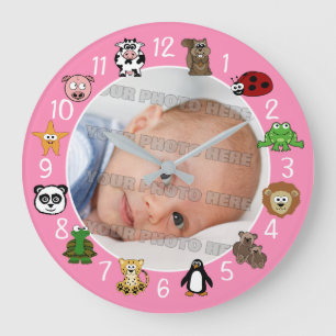 Cartoon Critters Kids and Babies Custom Pink Large Clock