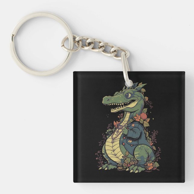 cartoon-crocodile-wearing-jacket-jacket-with-flowe key ring (Front)