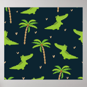 Cartoon Crocodiles: Alligator Palms Pattern. Poster