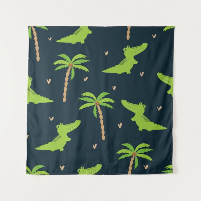 Cartoon Crocodiles: Alligator Palms Pattern. Tapestry (Front)