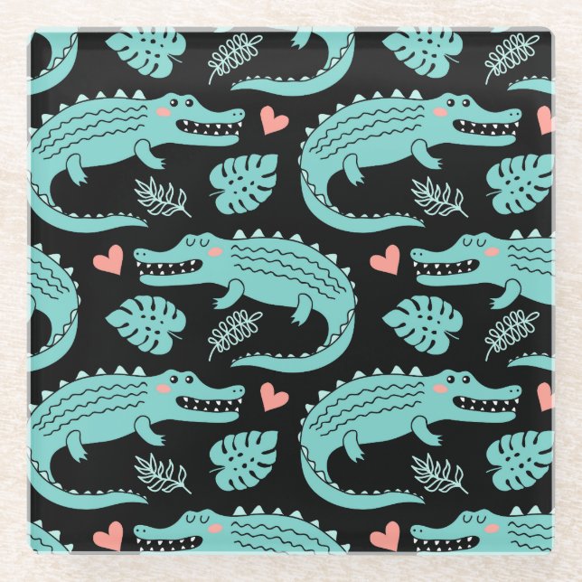 Cartoon crocodiles, cute seamless pattern. glass coaster (Front)