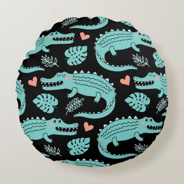Cartoon crocodiles, cute seamless pattern. round cushion (Front)