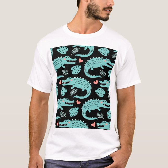 Cartoon crocodiles, cute seamless pattern. T-Shirt (Front)