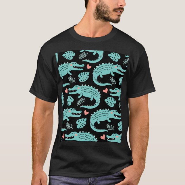 Cartoon crocodiles, cute seamless pattern. T-Shirt (Front)
