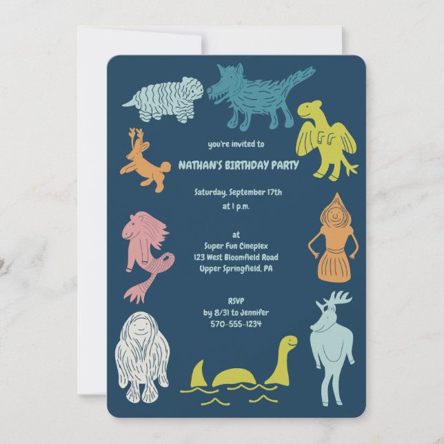Cartoon Cryptids Cryptozoology Monsters Birthday Invitation (Front)
