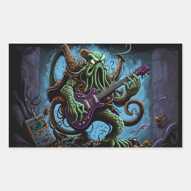 Cartoon Cthulhu Rock 'n Roll  Rectangular Sticker (Front)